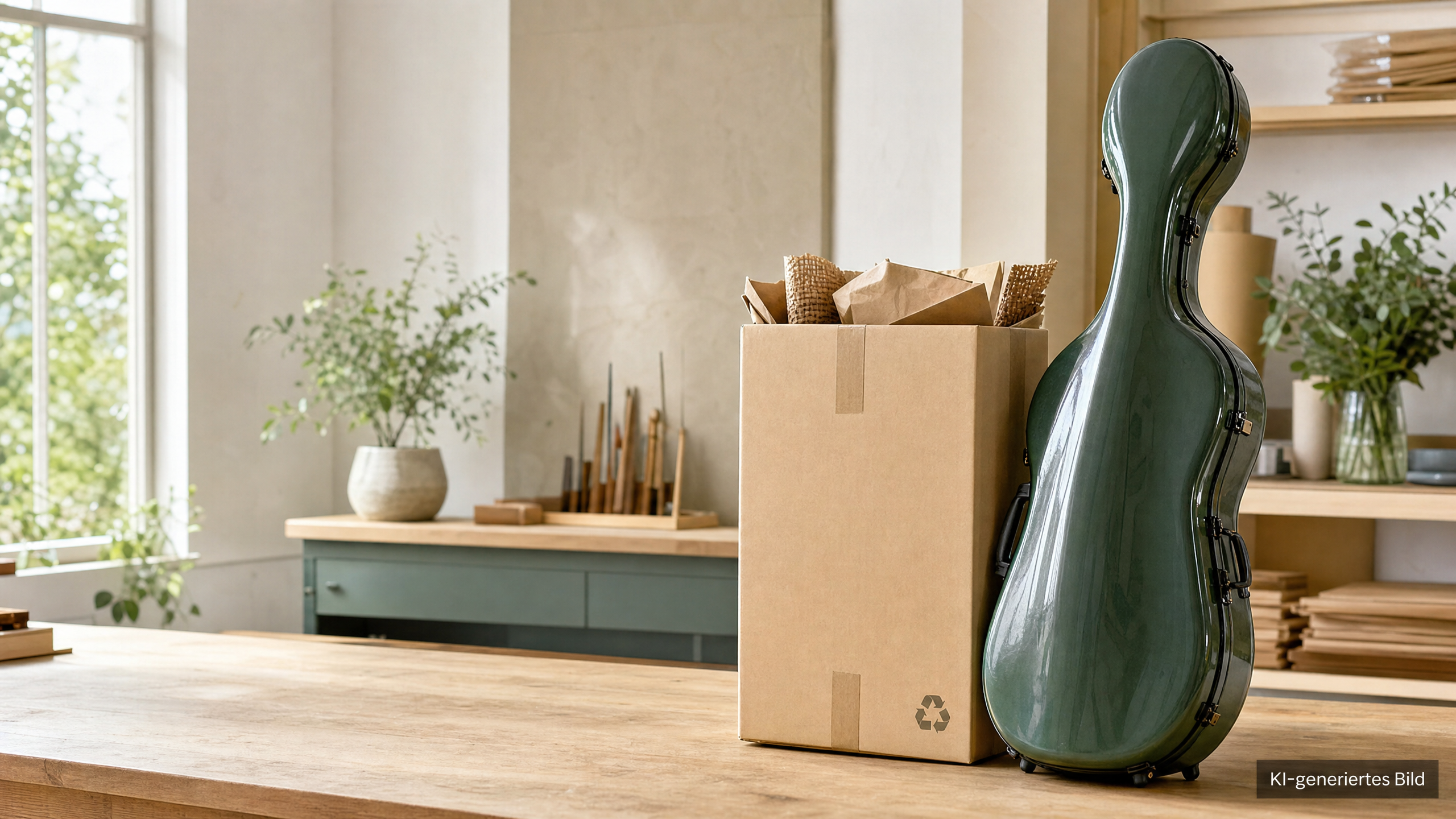 KI-generiertes Titelbild: Cellokoffer und recycelbare Versandverpackung in einer Werkstatt.