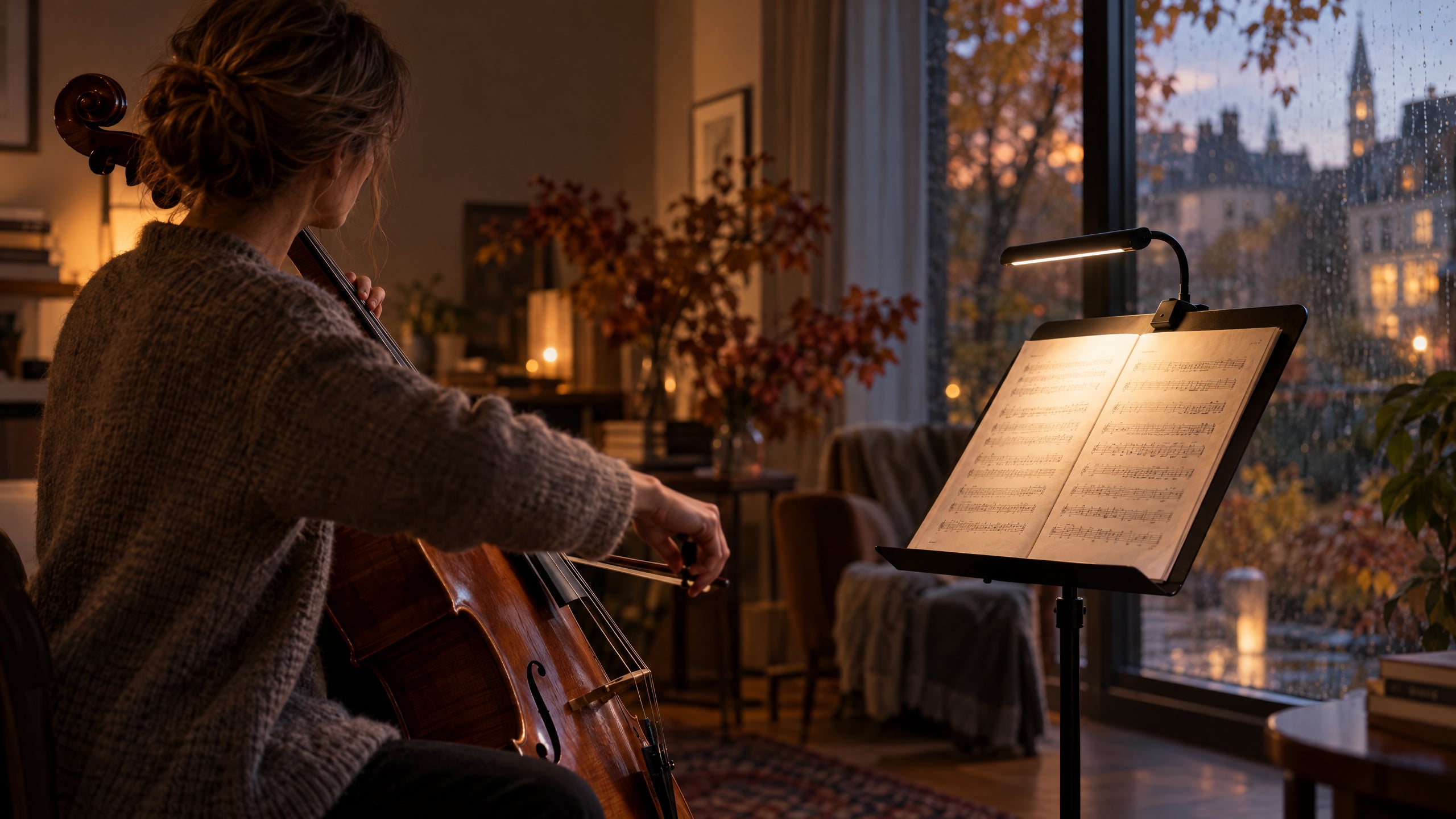 Symbolbild: KI-generierter Cello-Übungsabend im Herbst mit beleuchtetem Notenpult